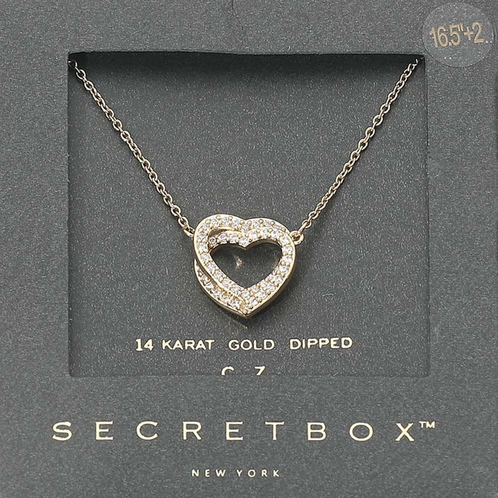 SECRET BOX 14K Gold Dipped CZ Stone Paved Twin Heart Pendant Necklace Adjustable